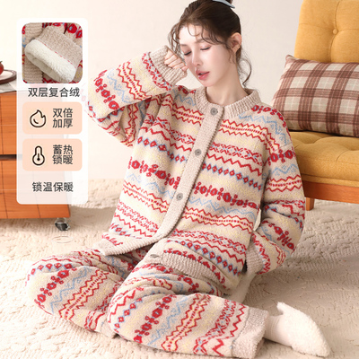 双层复合绒秋冬女士小暖炉莎粒绒家居服可外穿法兰绒睡衣加厚套装