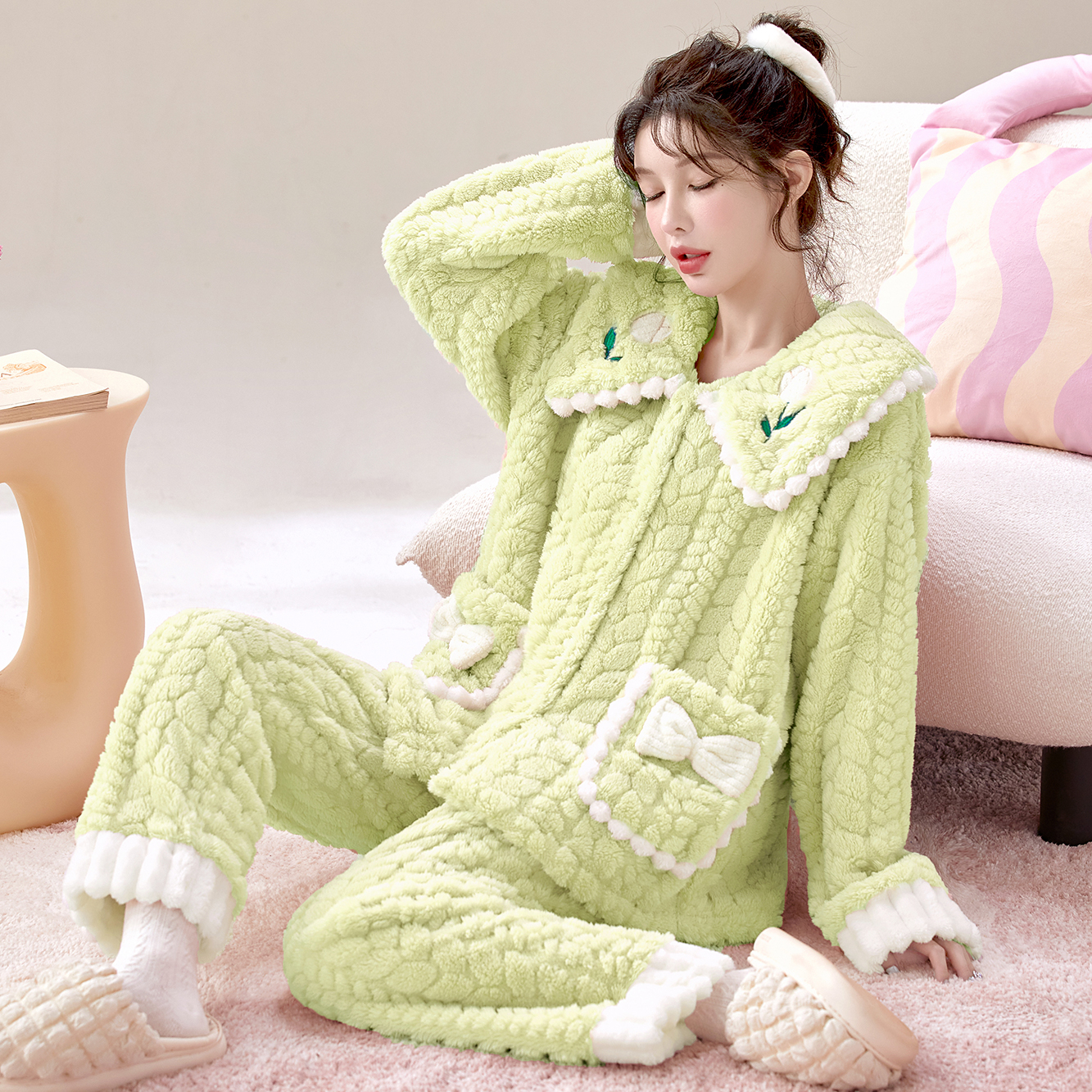 蝴蝶结女士法兰绒可外穿家居服