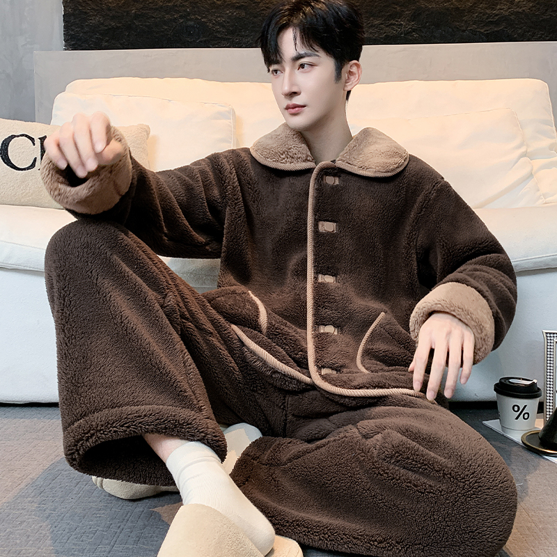 秋冬天时尚保暖可外穿法兰绒家居服男士青年休闲宽松大码睡衣套装
