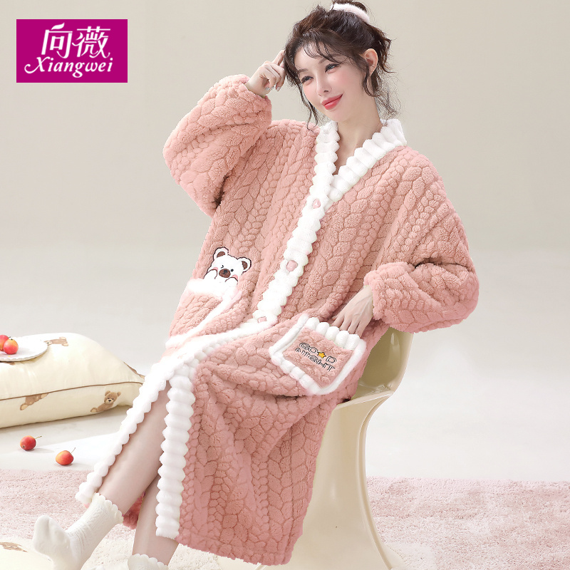 甜美可爱秋冬女士加绒加厚长款保暖外穿家居服睡袍珊瑚绒浴袍睡衣