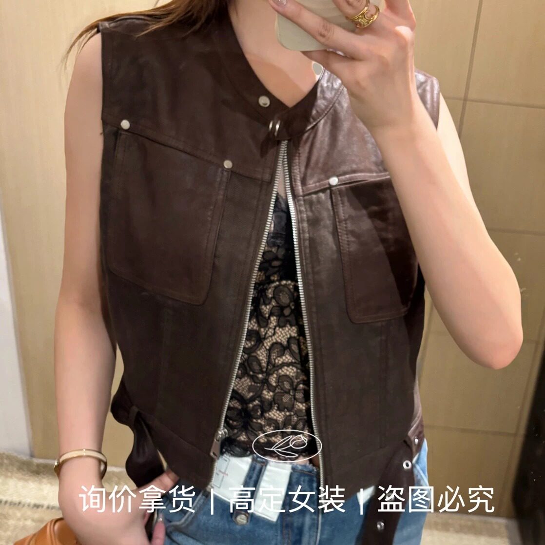 下功夫复古机车皮工装短款马甲女