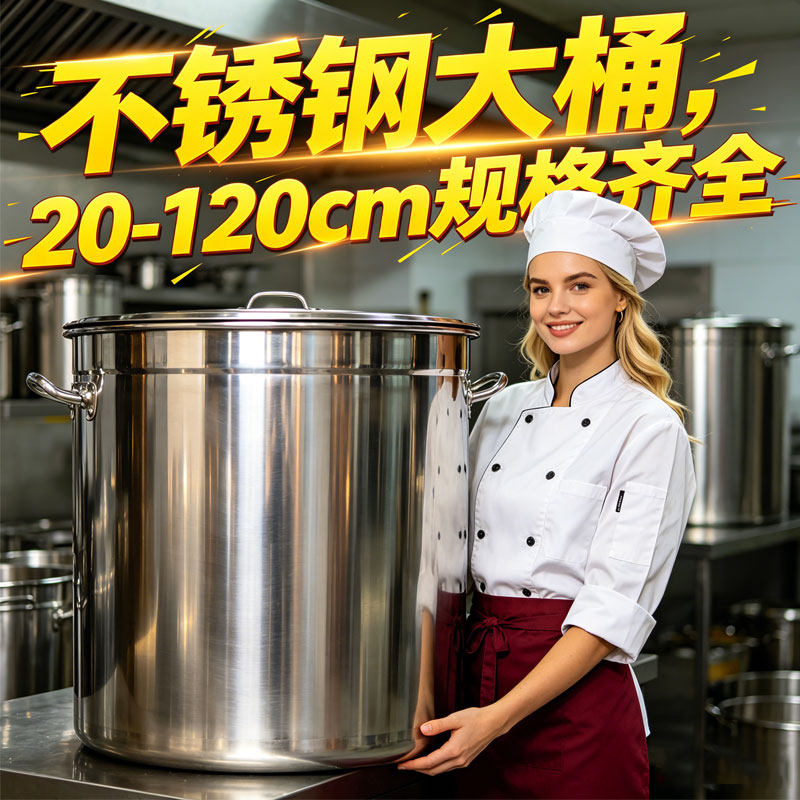 不锈钢大桶商用带盖圆桶加厚水桶80大容量汤锅汤桶圆形储水桶订制