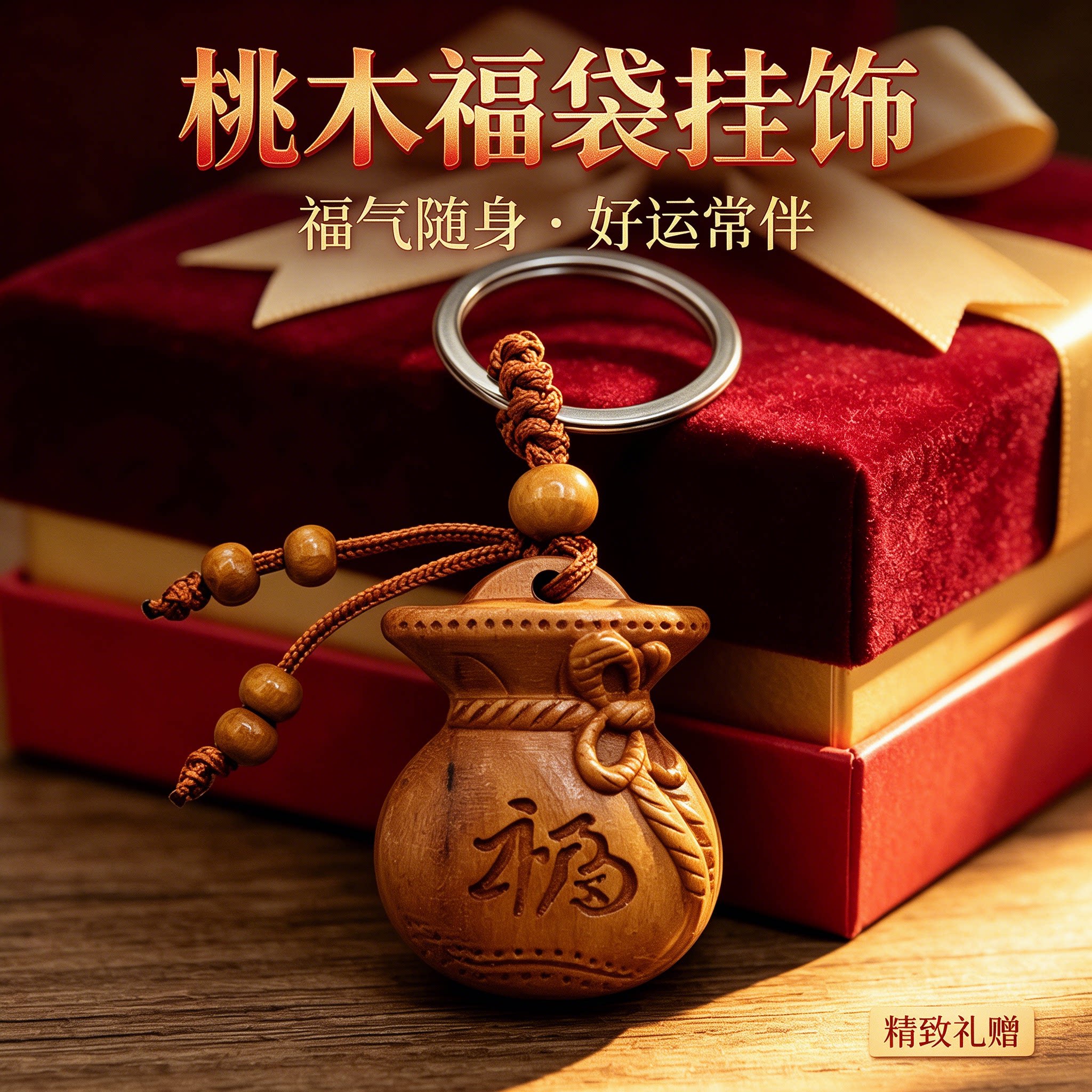 桃木聚财福袋钥匙扣吉祥小挂饰男女出行平安配饰道家随身伴手挂件