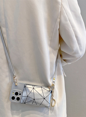 银色菱格卡包适用小米12/11青春小米13pro/14手机壳红米k60/k30/k40/k50小众note12/note11斜挎全包10防摔女