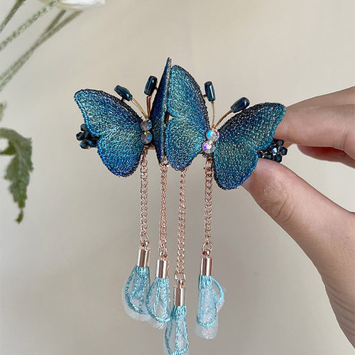 梦幻蝴蝶结流苏弹簧夹新中式古风发卡后脑勺高级气质盘发抓夹头饰