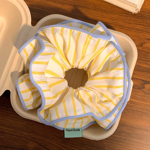 春夏黄色蓝边条纹发圈女2025年新款甜美百搭高马尾发绳不勒发头饰