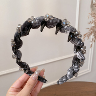 轻奢水晶格纹带齿发箍碎发整理高颅顶发箍新款百搭头箍头饰发饰女