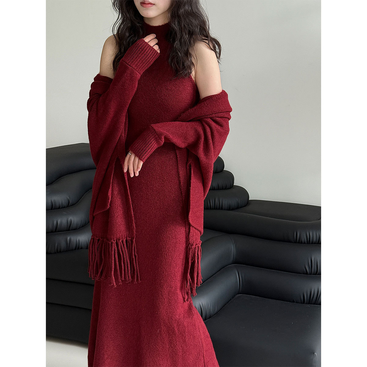鹿西 秋冬针织衫套装背心连衣裙+流苏披肩外套女毛衣两件套ss913