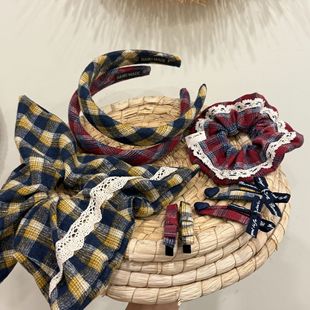 韩版新款黄格子蕾丝边花纹发箍鸭夹方巾格子大肠圈简约发箍bb夹发