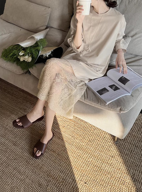 GRACETINAHOO春新法式立裁缎面拼接蕾丝连衣裙慵懒T恤套装TZB425