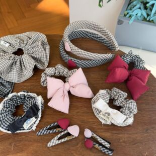 韩版春季新款粉格子爱心蝶结大肠圈简发箍约法式甜美轻奢气质经典