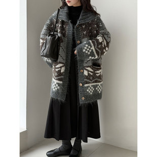 鹿西 复古翻领费尔岛撞色开衫女秋冬新软糯羊毛慵懒针织毛衣ss898