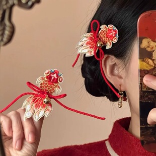 2026新款「锦鲤衔芳」新年红色蝴蝶结锦鲤发夹女侧边夹子头饰发饰