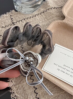 法式复古轻奢网纱灰色大肠圈时尚气质小众款蝴蝶结发绳扎马尾皮筋