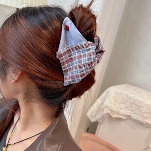 韩系复古牛仔格纹樱桃三角抓夹女盘发后脑勺抓夹高级感鲨鱼夹发饰