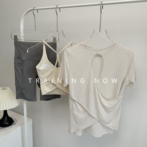 健身套装女夏季镂空美背运动短袖T恤宽松透气专业普拉提瑜伽服