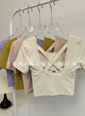 高颜值健身短袖女夏季带胸垫瑜伽训练速干上衣性感美背跑步运动服