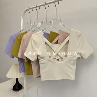 高颜值健身短袖女夏季带胸垫瑜伽训练速干上衣性感美背跑步运动服