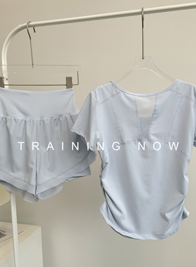 跑步套装女夏透气薄款瑜伽服短袖户外健身锻炼运动速干防走光短裤