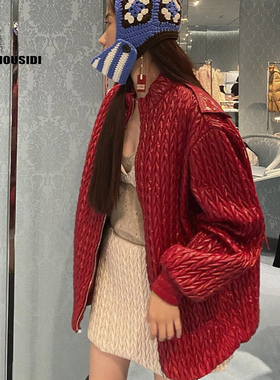 2025春秀场红色新年绗棉中长款宽松立领羽绒棉服外套夹克百搭上衣