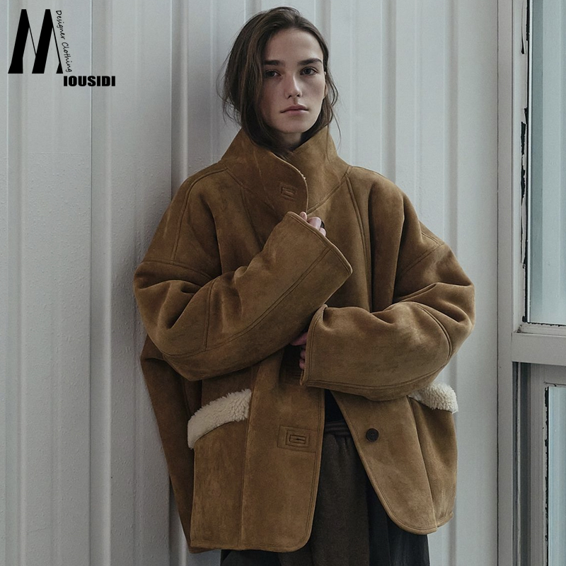 棕色复古麂皮绒羊羔毛加厚外套女秋冬2025新款仿皮毛一体夹克上衣