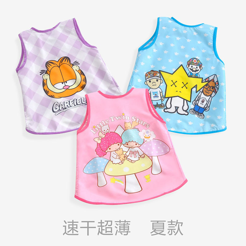 夏季薄款儿童饭衣男宝女宝宝罩衣无袖反穿衣画画衣背心