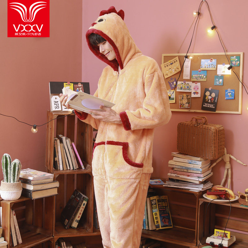 直播人气秋冬季可爱生肖鸡动物卡通连体珊瑚法兰绒情侣睡衣男女士