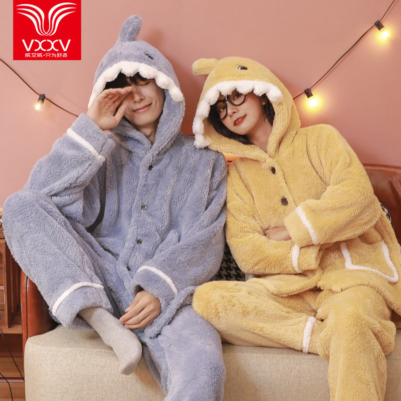 秋冬加长加厚珊瑚绒保暖情侣睡衣女可爱卡通动物鲨鱼法兰绒套装男