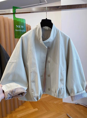 英伦风立领夹克外套女2025新款宽松休闲内里条纹风衣外套上衣