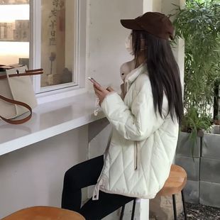 外套夹棉厚棉袄子 潮早春秋冬季 菱格短款 羽绒棉衣棉服女2023年新款
