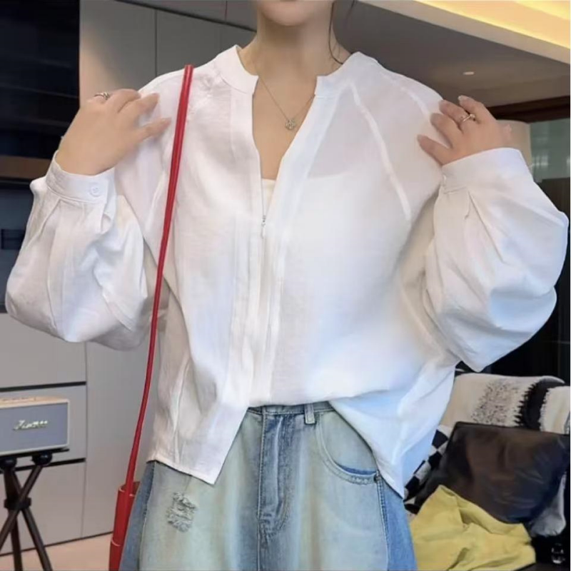 法式V领春夏薄款显瘦长袖衬衫