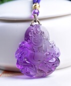 纯天然紫水晶财神吊坠项链毛衣链立体雕刻财神威严端庄手工雕刻