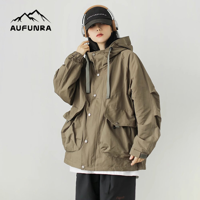 AUFUNRA日系复古宽松冲锋衣多口袋工装外套女夹克中性连帽开衫潮