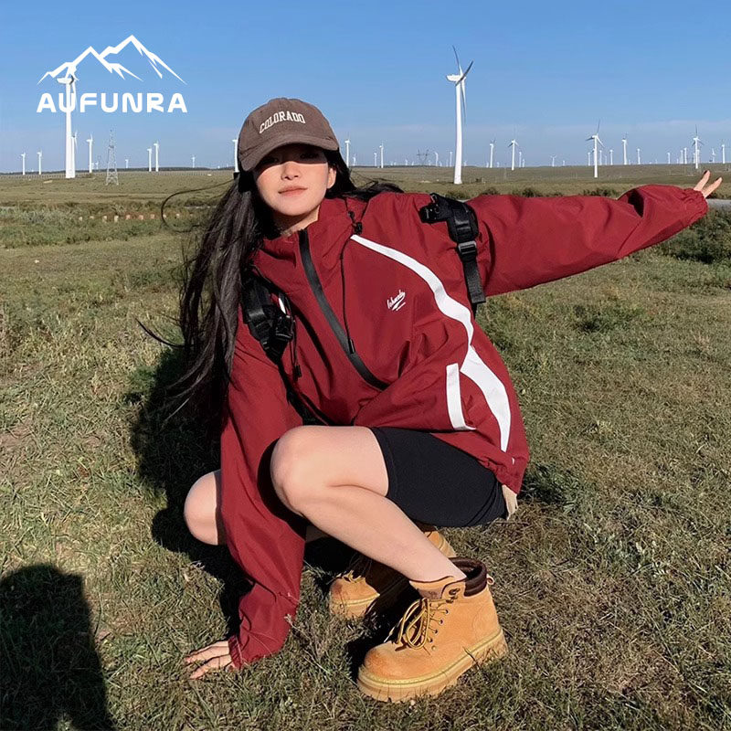 AUFUNRA小个子冲锋衣男女秋冬三合一潮牌短外套宽松户外防风夹克