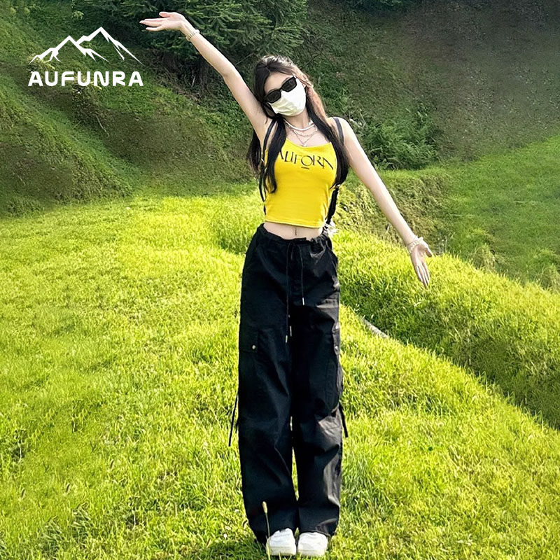 AUFUNRA黑色工装裤女春秋新款美式多口袋户外登山抽绳防晒休闲 裤