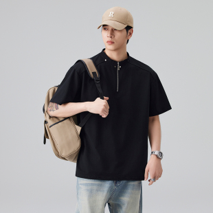 休闲时尚 时尚 T恤短袖 半拉链短袖 潮牌纯色青年百搭体恤潮 潮流美式