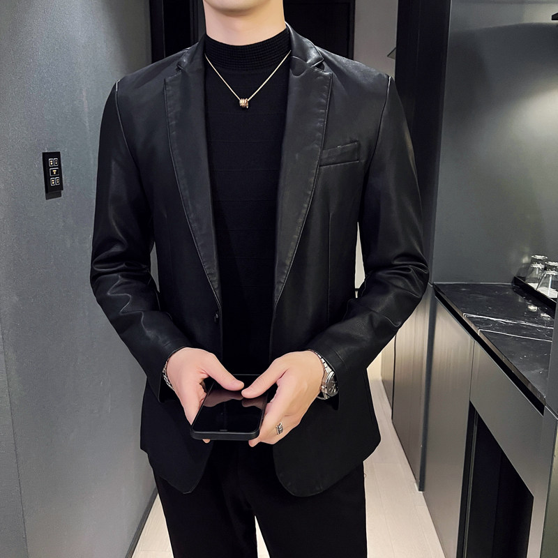 皮衣男小西装外套2024年新款春秋潮流韩版修身西服男装皮夹克上衣