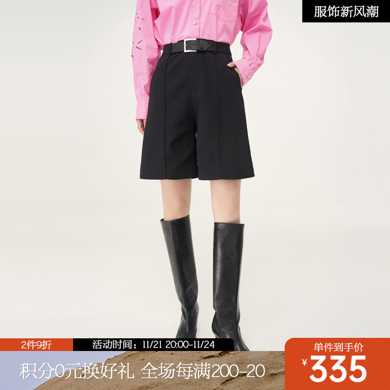 BADINA芭蒂娜黑色高腰短裤女秋时尚宽松休闲气质阔腿西裤