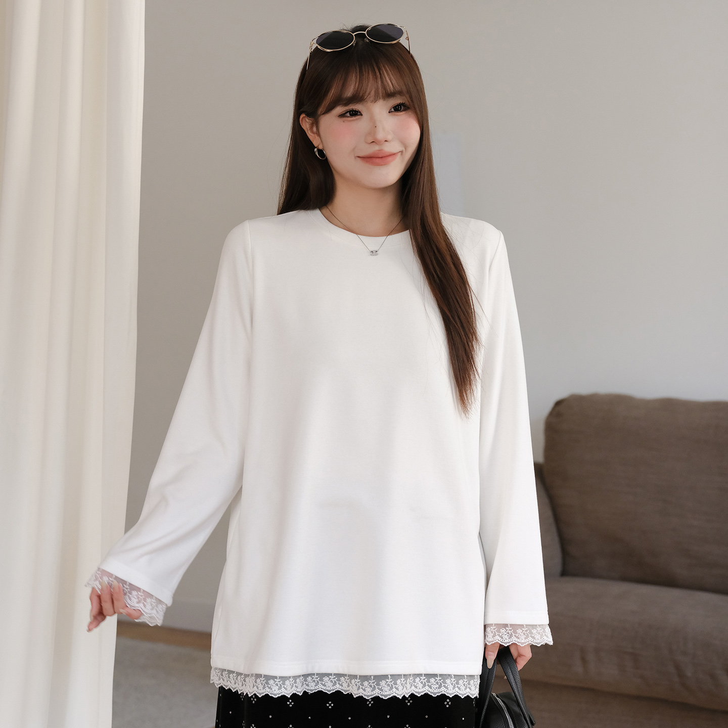 胖mm大码蕾丝拼接遮肉打底T恤