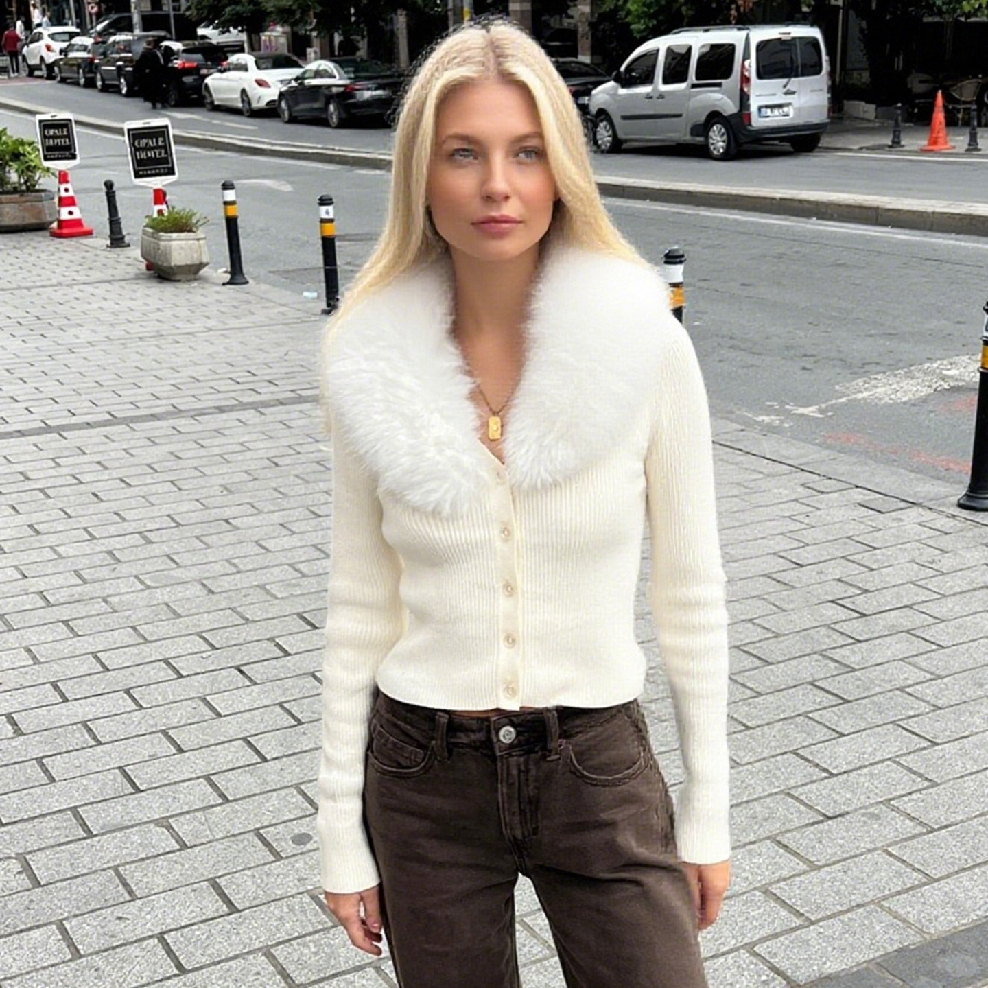 茂茂秋冬新款美式大毛领单排扣开衫毛衣修身短款气质外套上衣女