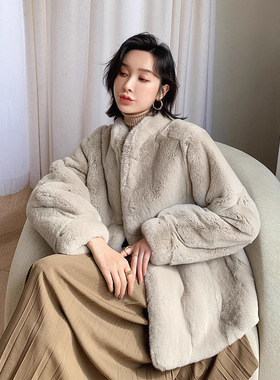 獭兔毛皮草2025冬季新款进口兔毛中长款大衣皮毛一体毛毛外套女