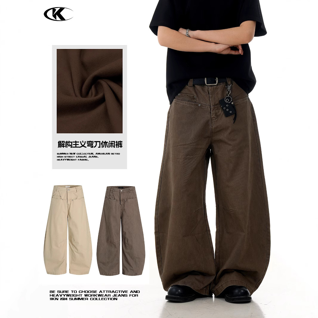 11KN美式工装休闲弯刀裤男女简约水洗潮复古做旧显瘦阔腿休闲长裤