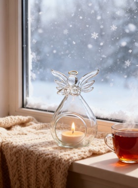 透明玻璃天使造型茶烛台装饰摆件