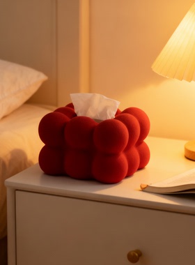 创意红球体毛绒纸巾盒摆件