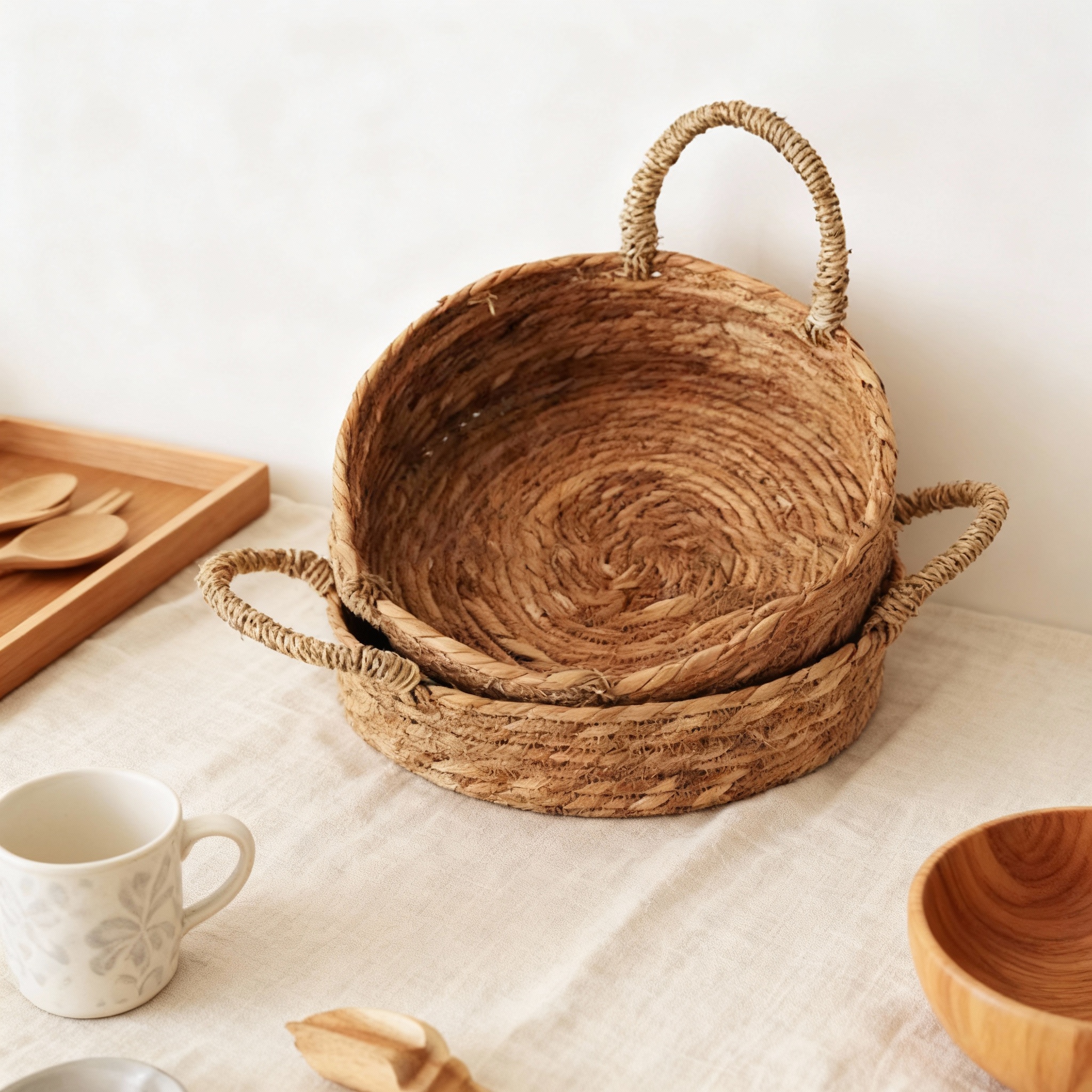 天然草编果盘手提收纳篮
