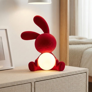 高级感红色植绒坐姿兔子小夜灯摆件家居玄关卧室斗柜床头柜装饰品