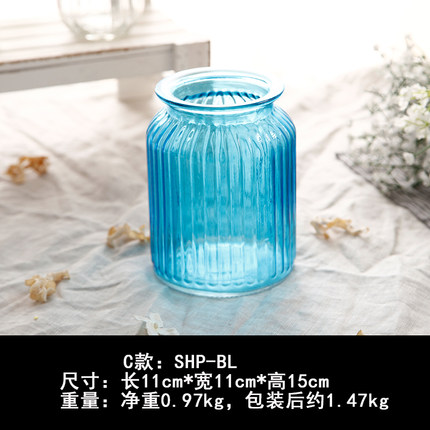 zakka田园创意蓝色插花花瓶玻璃透明水培客厅餐桌干花装饰品摆件