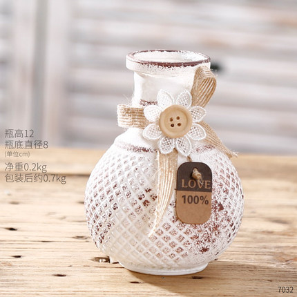 创意田园麻绳白色玻璃花瓶干花插花花艺花器酒柜台餐桌装饰品摆件