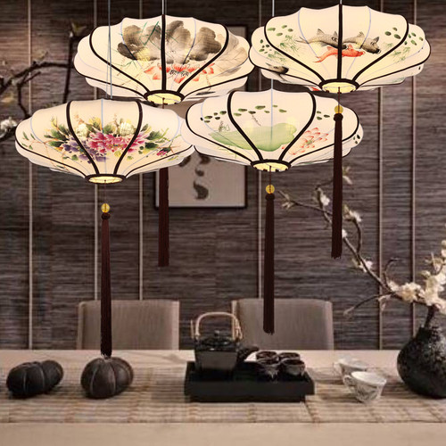 新中式仿古典宫灯布艺手绘画灯笼吊灯中国风餐厅饭店茶楼灯具