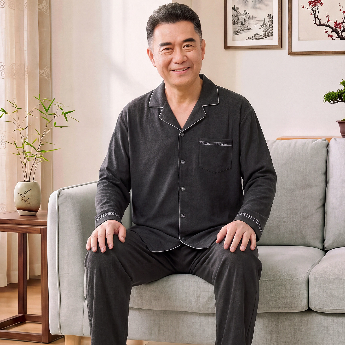 中老年人爸爸睡衣男春秋纯棉开衫长袖套装中年男全棉加大码可外穿